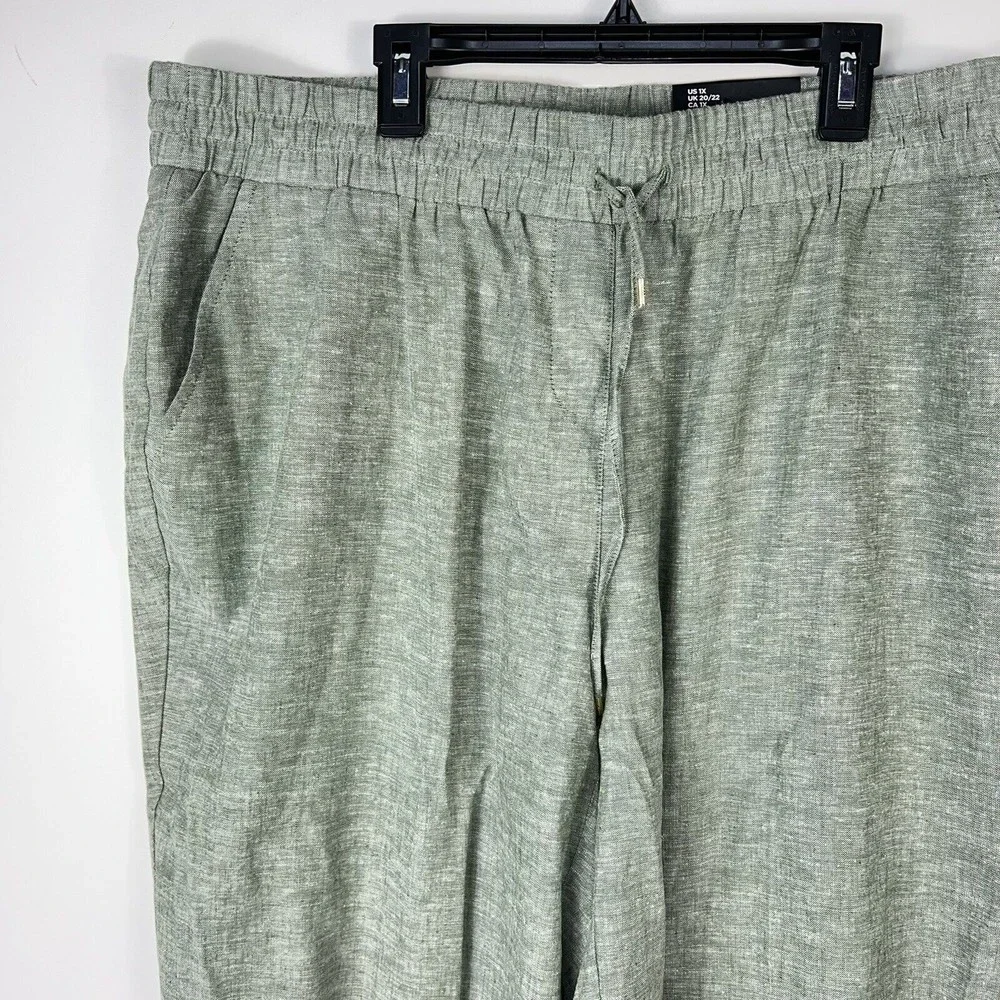 Jones New York Women 1X Crop Ankle Pants Linen Blend green White Cuffed elastic - Picture 2 of 9